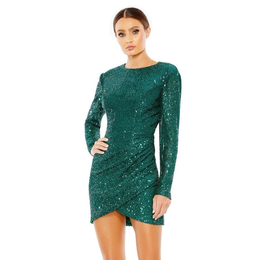Ieena for Mac Duggal Dress Sequined Long Sleeve Open Back Ruched Green NWT 4